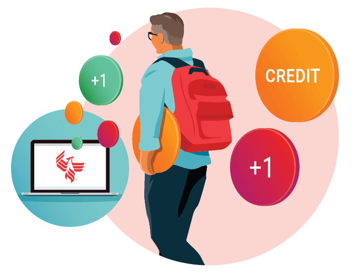 An illustration showing a student considering the options for transferring credits